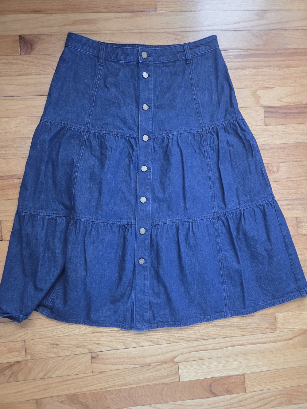 Ann Taylor Dark Blue Denim A-Line Tiered Button-Front Skirt